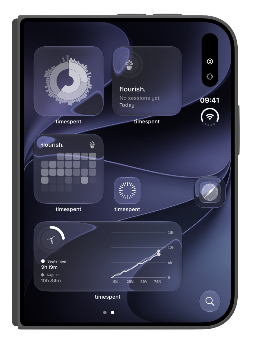 iPhone Duo, closed. The Home Screen shows timespent widgets: a ring chart, Calisthenics with 20 minutes today, a flourish. streak calendar, and a progress chart of 9 hours 19 minutes in September compared to 10 hours 34 minutes in August.