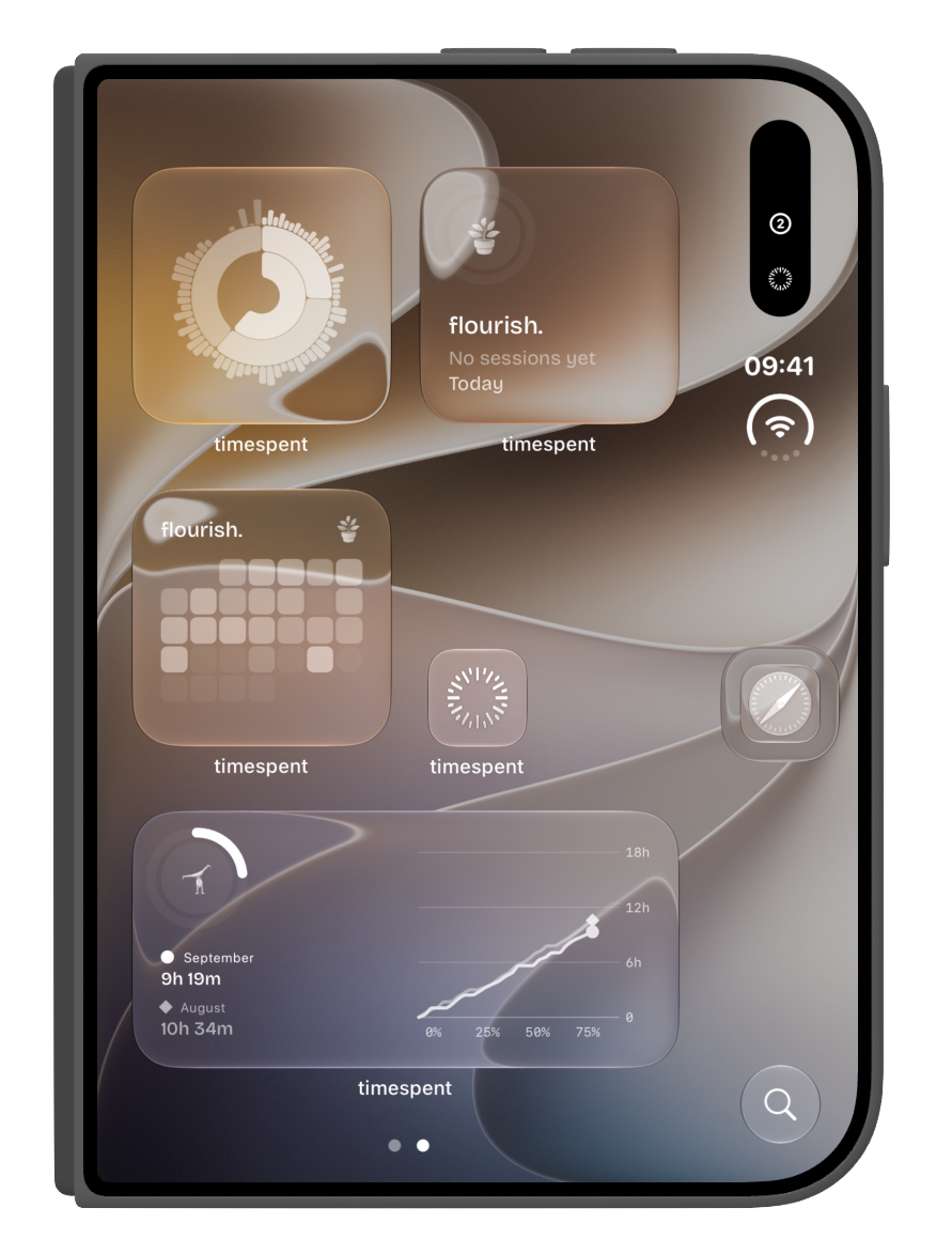 iPhone Duo, closed. The Home Screen shows timespent widgets: a ring chart, Calisthenics with 20 minutes today, a flourish. streak calendar, and a progress chart of 9 hours 19 minutes in September compared to 10 hours 34 minutes in August.