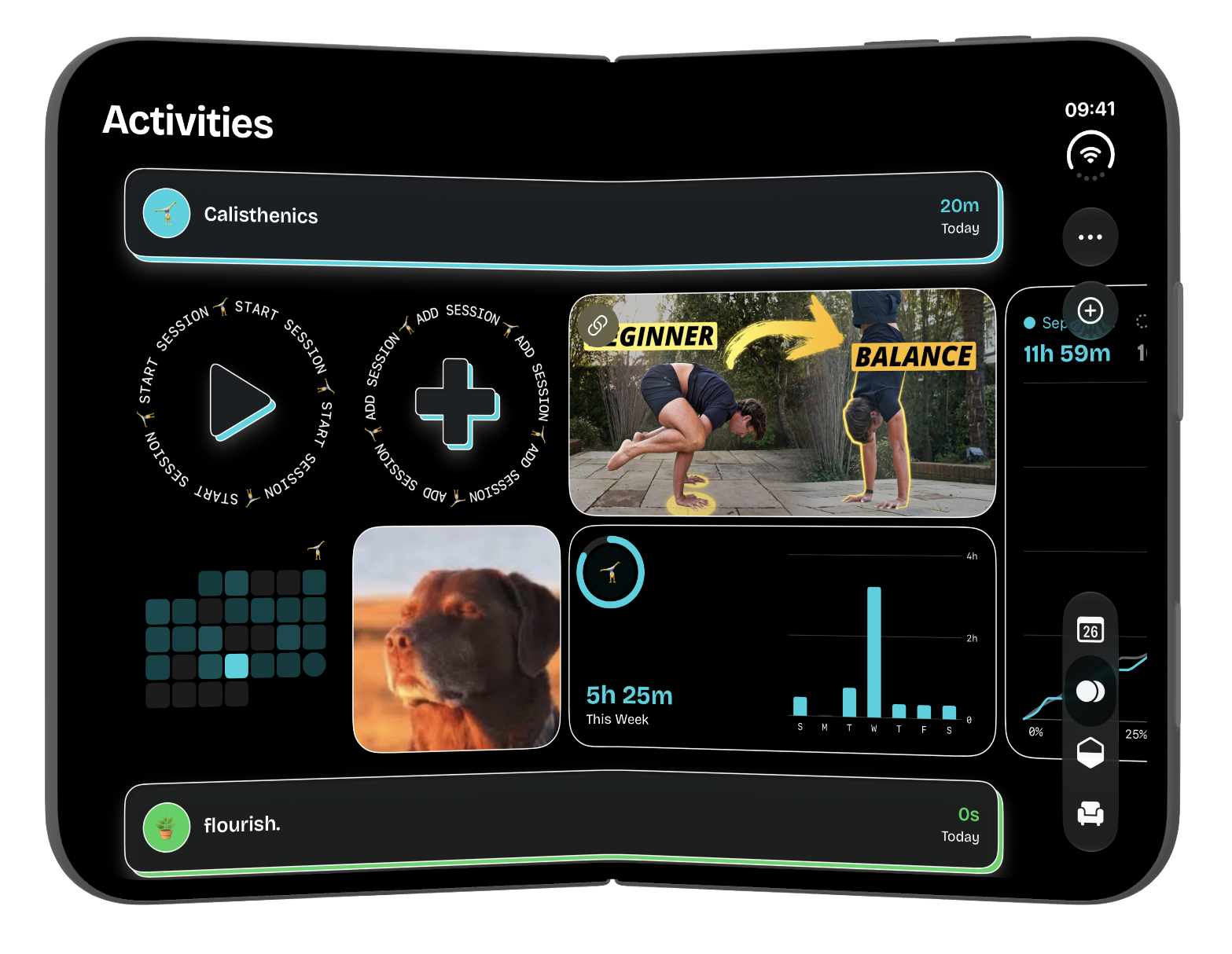 timespent on iPhone Duo, unfolded in landscape. The Activities screen shows a Calisthenics card with 20 minutes today, a tutorial video, a dog photo, a streak calendar, and a bar chart of 5 hours 5 minutes this week.