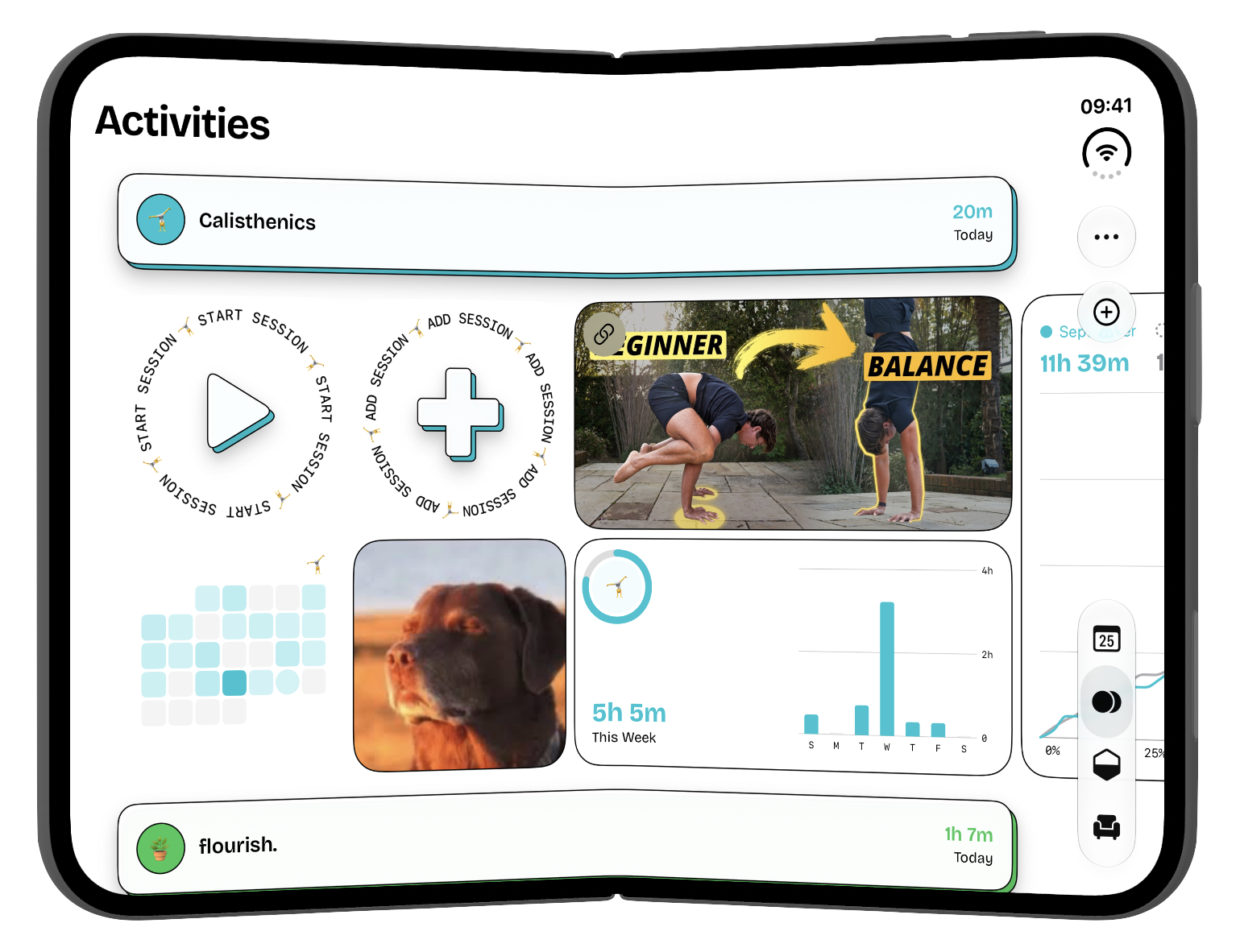 timespent on iPhone Duo, unfolded in landscape. The Activities screen shows a Calisthenics card with 20 minutes today, a tutorial video, a dog photo, a streak calendar, and a bar chart of 5 hours 5 minutes this week.