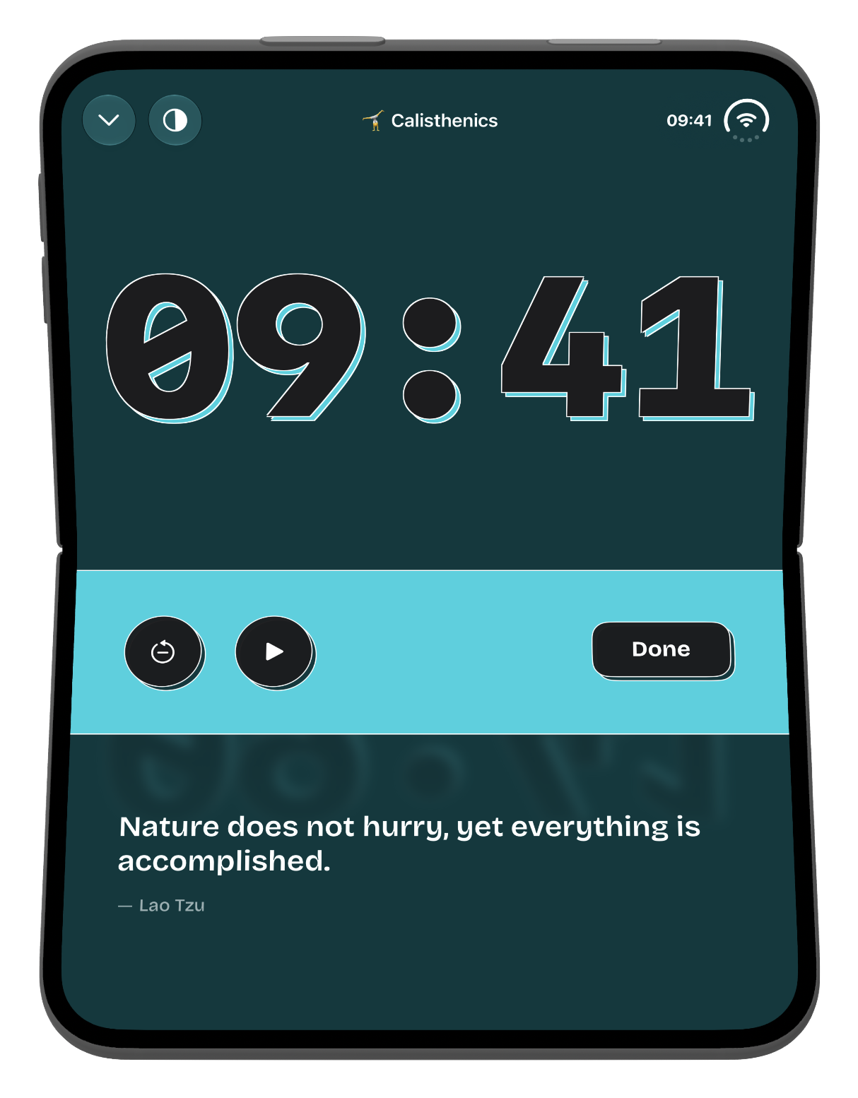 timespent on iPhone Duo, half folded. The top half shows a large 09:41 timer for Hand Stand Hold. The bottom half shows reset, play, and Done buttons, and the quote "Nature does not hurry, yet everything is accomplished." by Lao Tzu.
