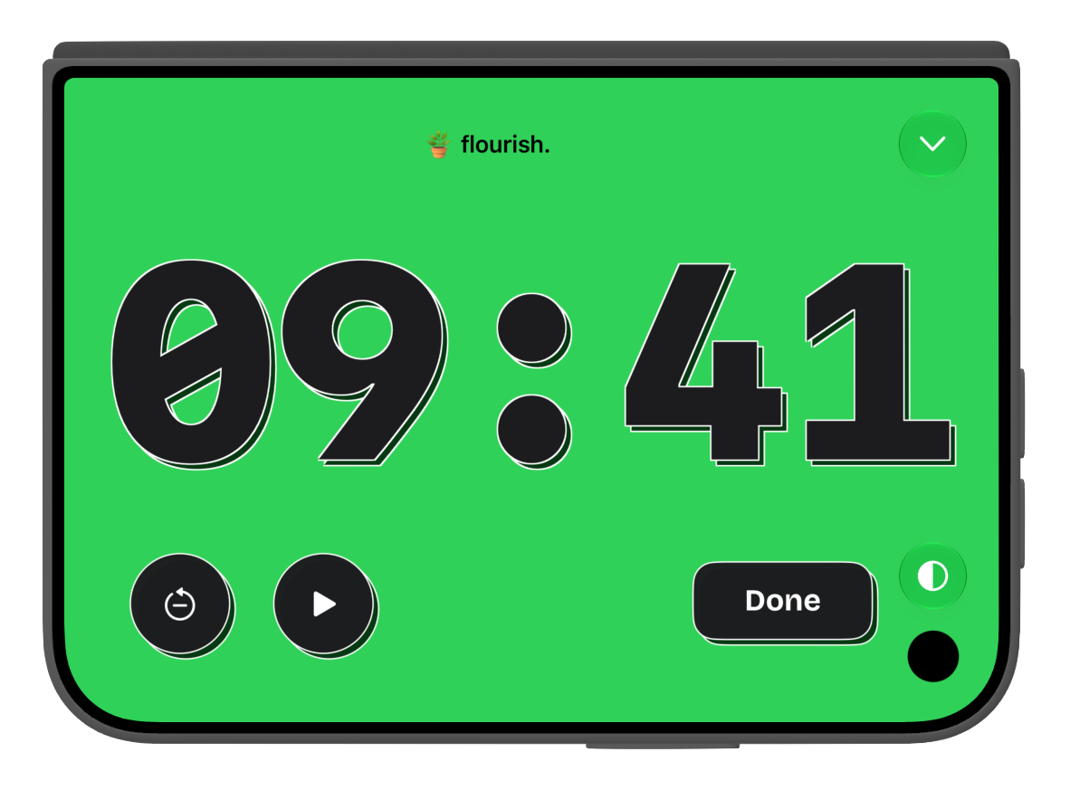 timespent on iPhone Duo, closed and standing on its side. A full-screen green timer for flourish. shows a large 09:41, with reset, play, and Done buttons.