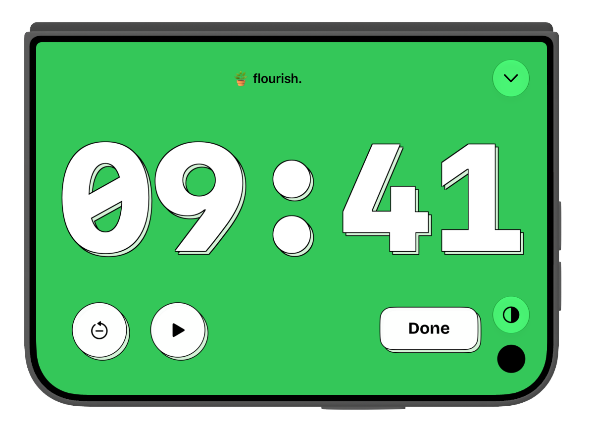 timespent on iPhone Duo, closed and standing on its side. A full-screen green timer for flourish. shows a large 09:41, with reset, play, and Done buttons.
