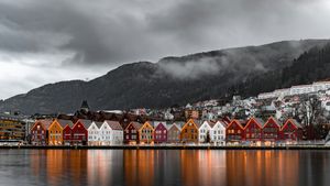 Colorful wooden buildings along the waterfront of Bryggen in Bergen, Norway