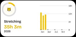 Stretching activity trends widget showing a progress ring and monthly bar chart with 35 hours 3 minutes total for 2026