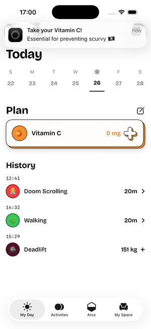 timespent My Day screen with a push notification reminder to take Vitamin C, a weekly calendar, a daily plan with the supplement highlighted, and a history log of recent activities