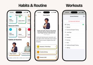 Three iPhone screenshots showing new app features: habits & routine of notable people and Apple Health Integration to import Workouts.