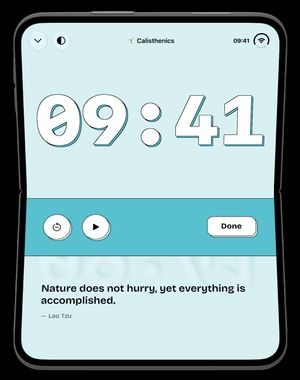 timespent Calisthenics live count-up timer at 09:41 with a daily quote and session controls
