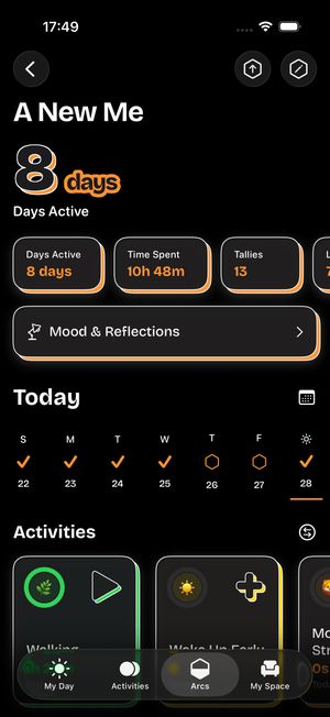 timespent streak tracking screen for an arc called A New Me showing a 9-day active streak, 9 hours 8 minutes total time spent, and a weekly activity calendar