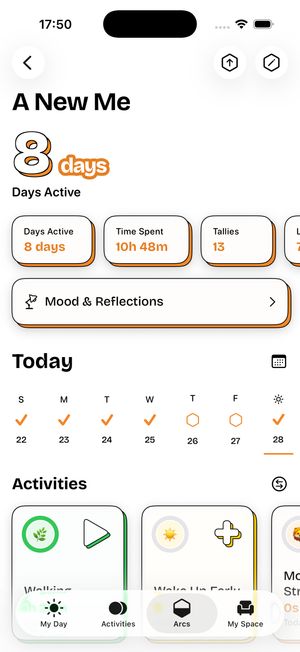 timespent streak tracking screen for an arc called A New Me showing a 9-day active streak, 9 hours 8 minutes total time spent, and a weekly activity calendar