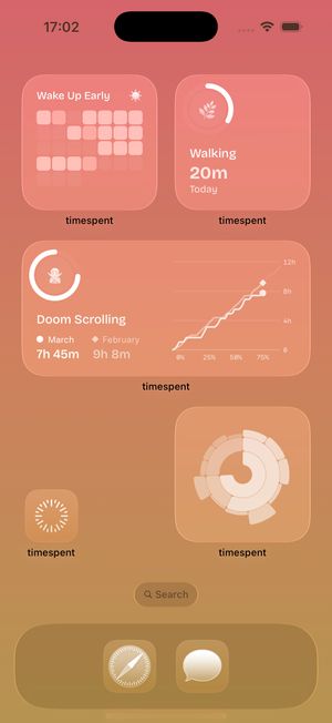 timespent home screen widgets showing Wake Up Early with a habit calendar, Walking with 20 minutes logged today, and Doom Scrolling with a month-over-month comparison chart