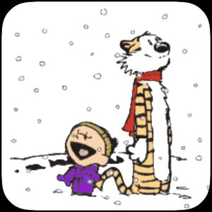 Calvin and Hobbes standing together in falling snow