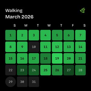 Walking activity large calendar widget showing daily tracking for March 2026 with green contribution squares