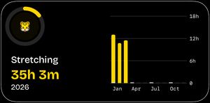 Stretching activity trends widget showing a progress ring and monthly bar chart with 35 hours 3 minutes total for 2026