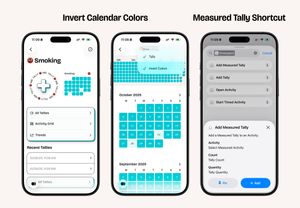 Two iPhone screenshots showing the new Invert Calendar Colors + Measured Tally Shortcut.