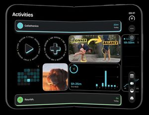 timespent Calisthenics Activity page showing a 20-minute daily session, a pinned Beginner to Balance handstand tutorial video widget, a calendar heat map, and a weekly bar chart