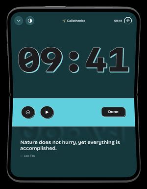 timespent Calisthenics live count-up timer in dark mode at 09:41 with a daily quote and session controls