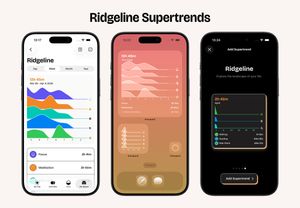 Three iPhone screenshots showing the Ridgeline Supertrend: a layered area chart of Activities like Focus and Meditation over time, a Ridgeline widget on the My Space tab, and the Add Supertrend picker describing Ridgeline as 'Explore the landscape of your life.'
