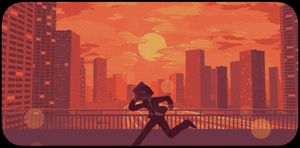 Silhouette of a runner sprinting across a bridge against an orange sunset cityscape