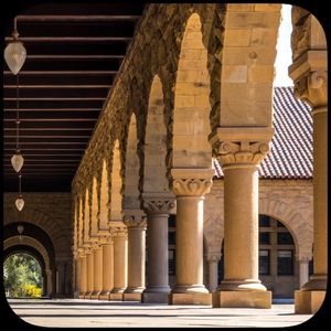 Stone arches and columns in Stanford University's Main Quad