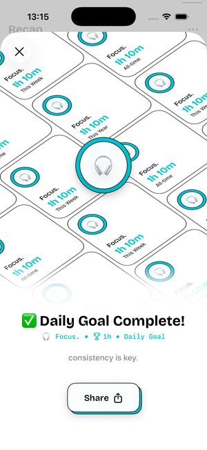 timespent daily goal complete celebration screen for a Focus activity with 1 hour logged, showing a headphones icon surrounded by floating activity cards and a Share button