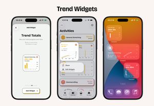 Three iPhone screenshots showing the new Trend Widgets feature.