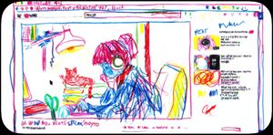 Colorful hand-drawn illustration of lofi girl and cat studying at a desk