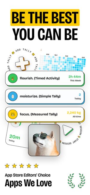 timespent App Store listing showing the tagline Be The Best You Can Be, featured activities like flourish, moisturize, and focus, an App Store Editors' Choice Apps We Love badge, and a five-star rating
