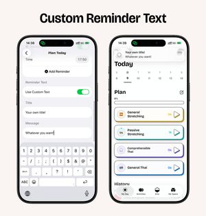 Two iPhone screenshots showing the new Custom Reminder Text feature.