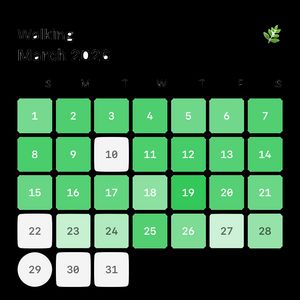 Walking activity large calendar widget showing daily tracking for March 2026 with green contribution squares