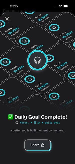 timespent daily goal complete celebration screen for a Focus activity with 1 hour logged, showing a headphones icon surrounded by floating activity cards and a Share button