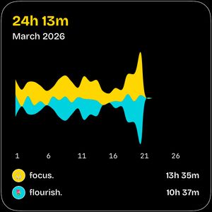 Supertrend large widget showing 24 hours 13 minutes total for March 2026 with an area chart breaking down focus and flourish time