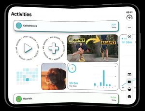 timespent Calisthenics Activity page showing a 20-minute daily session, a pinned Beginner to Balance handstand tutorial video widget, a calendar heat map, and a weekly bar chart