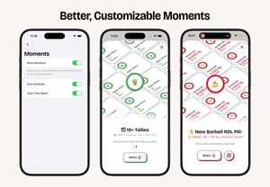 Three iPhone screenshots showing the ability to customize which Moments are shown, as well as the new Tally Count and Weight PR Moments.
