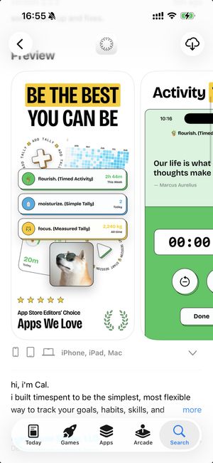 timespent App Store listing showing the tagline Be The Best You Can Be, featured activities like flourish, moisturize, and focus, an App Store Editors' Choice Apps We Love badge, and a five-star rating