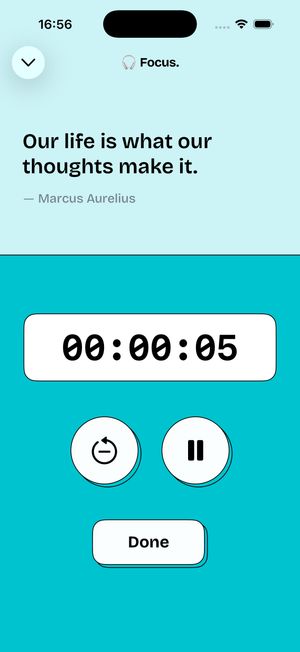 timespent focus timer session screen displaying a Marcus Aurelius quote, a running stopwatch at 00:00:05, and pause and done controls