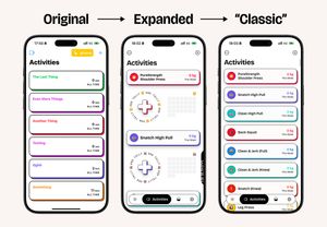 A comparison of three mobile app screens. The first, labeled 'Original,' shows a simple list of activities. The second, 'Expanded,' features an interactive design with large 'ADD TALLY' buttons for two exercises. The third, 'Classic,' displays a streamlined list of exercises like 'PureStrength Shoulder Press' and 'Snatch High Pull,' highlighting that the 'Classic List' is an option while the 'Expanded List' remains available, offering more detailed exercise tracking.